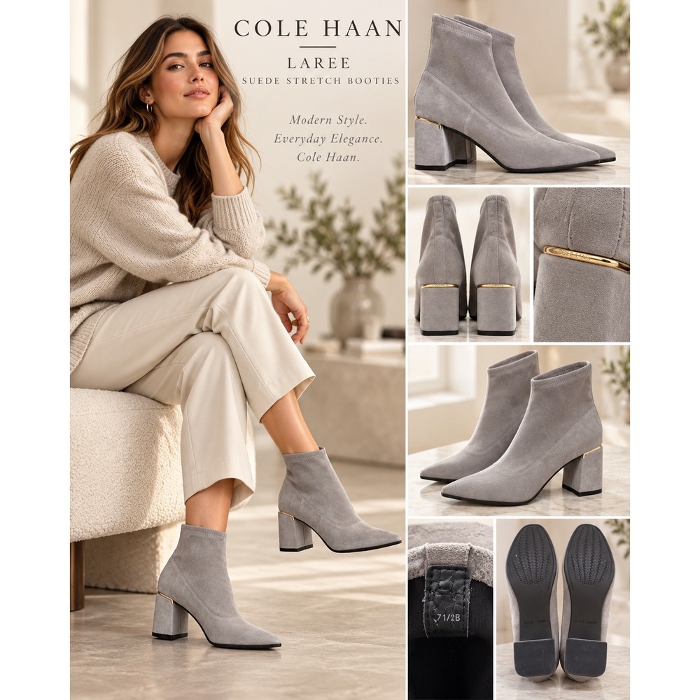 Cole Haan Laree Gray Suede Stretch Booties 7.5B Pointed Toe Block Heel
